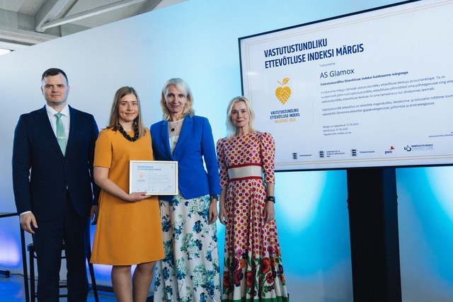 Photo caption: From the left: Madis Kallas, Minister of Regional Affairs of Estonia; Tiiu Paavel, Sustainability Engineer, Estonia, Glamox; Virve Jõgeva, Factory Manager, Keila, Glamox; Katrin Bats, Member of the Board of VEF. Photo credit: Kristiin Elmat